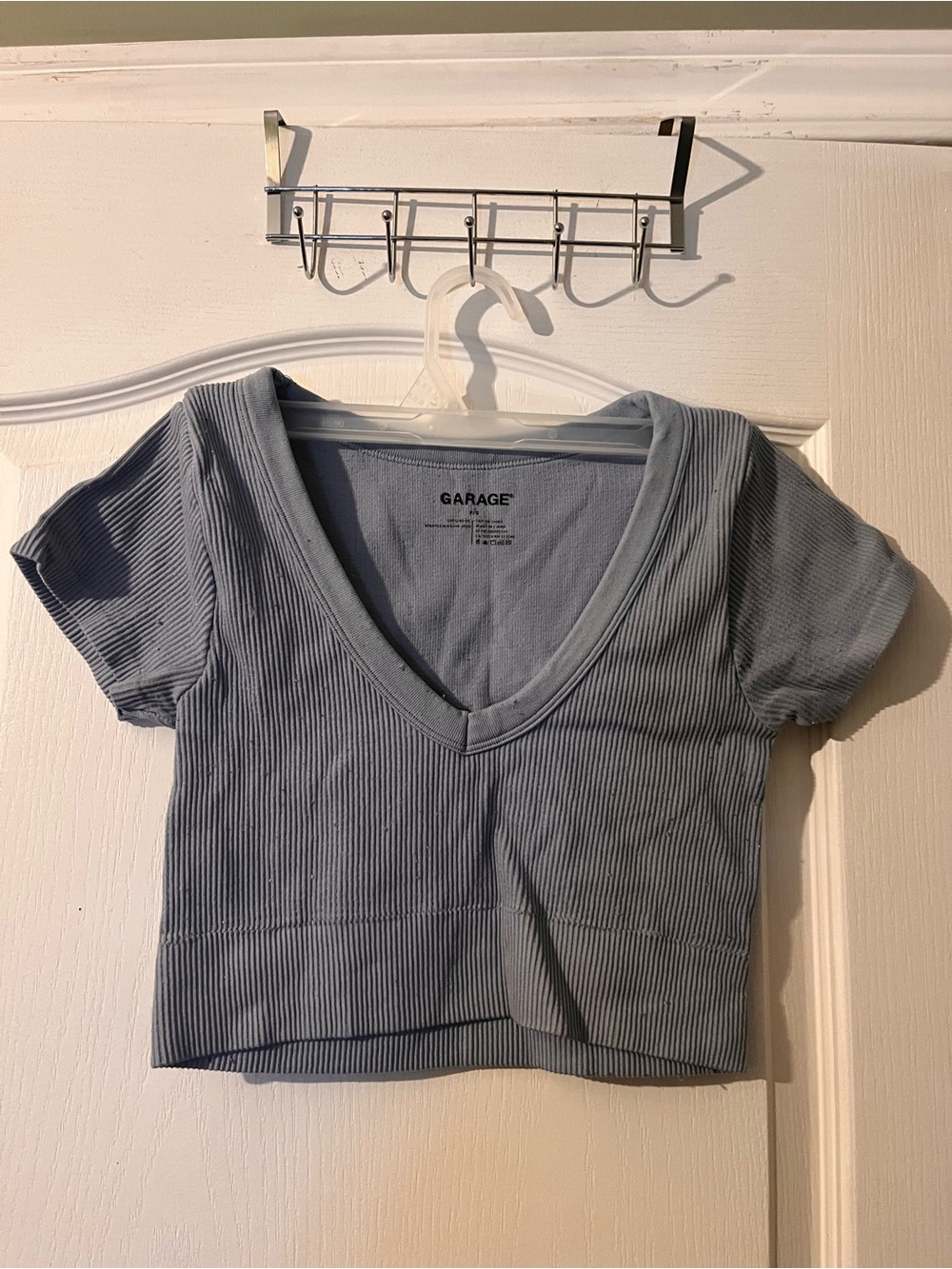 Garage Ribbed V-Neck Cropped Tee in Pale Blue